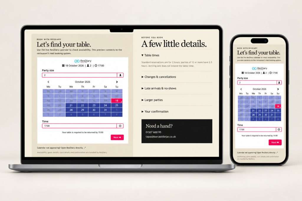 Bar Castilléjar ResDiary booking calendar and booking information displayed on laptop and mobile screens