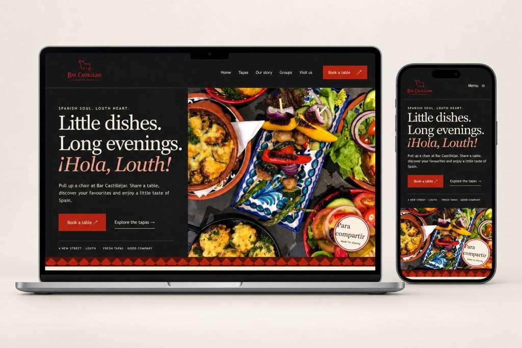 Bar Castilléjar restaurant homepage displayed on a laptop and smartphone, with complete hero text and food imagery