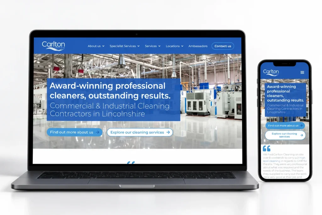 Carlton Cleaning website homepage on laptop and mobile devices, composition 1
