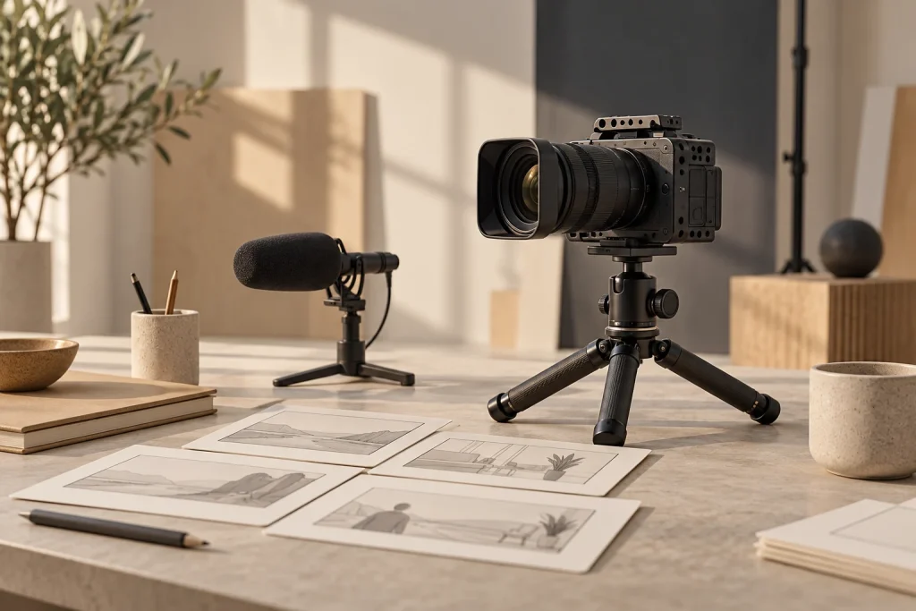 Editorial illustration of an unbranded video camera, microphone and storyboard cards