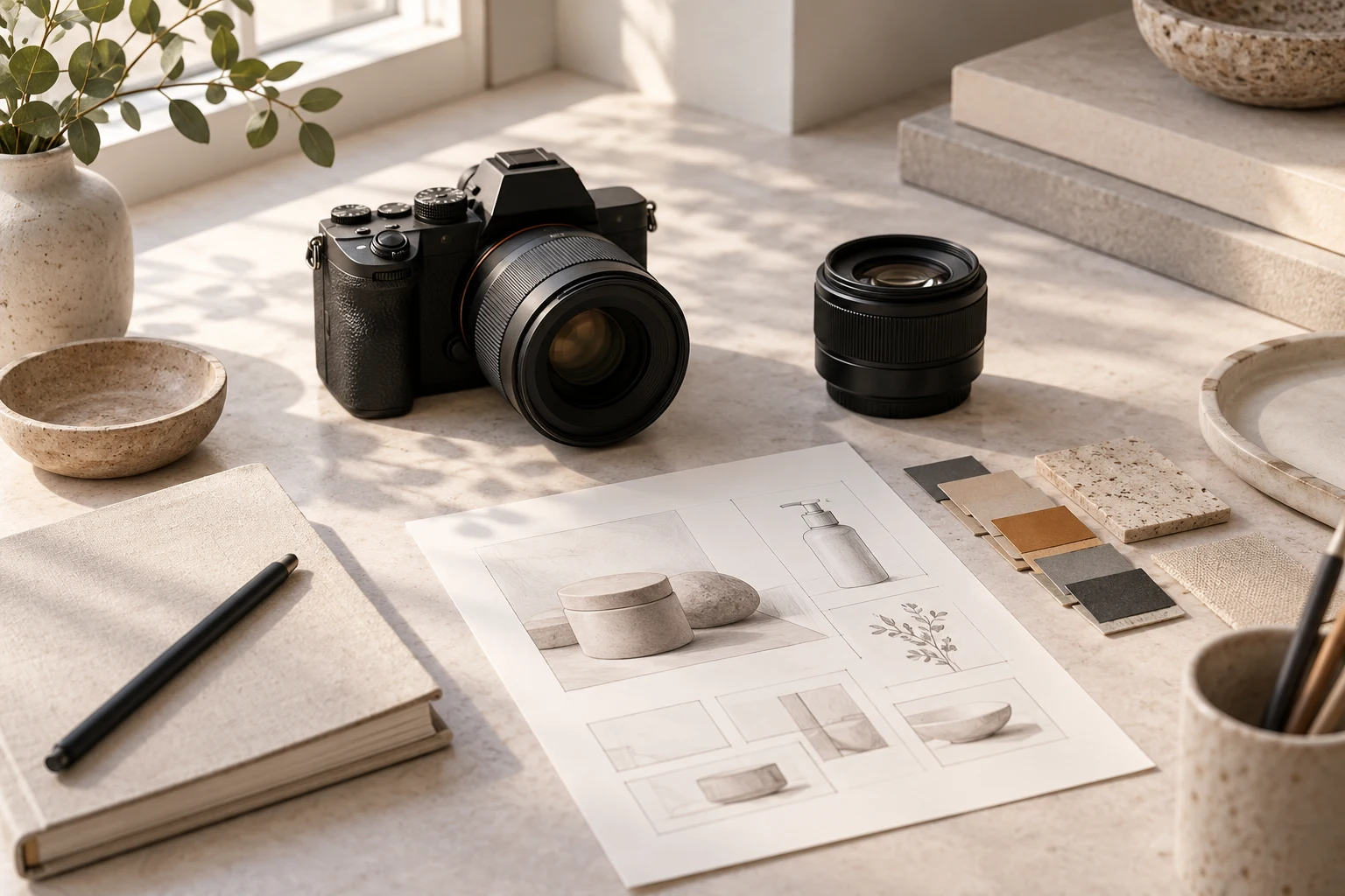 Editorial illustration of a camera, product sketches and neutral colour samples on a desk