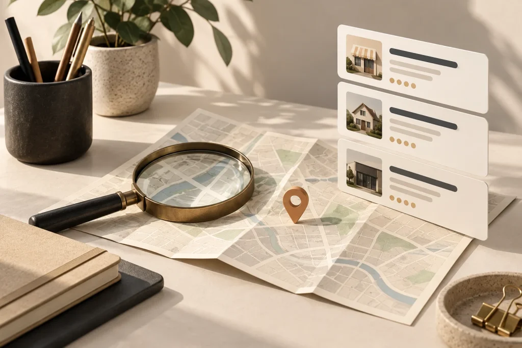 Conceptual local search illustration with a map, magnifying glass and abstract result cards