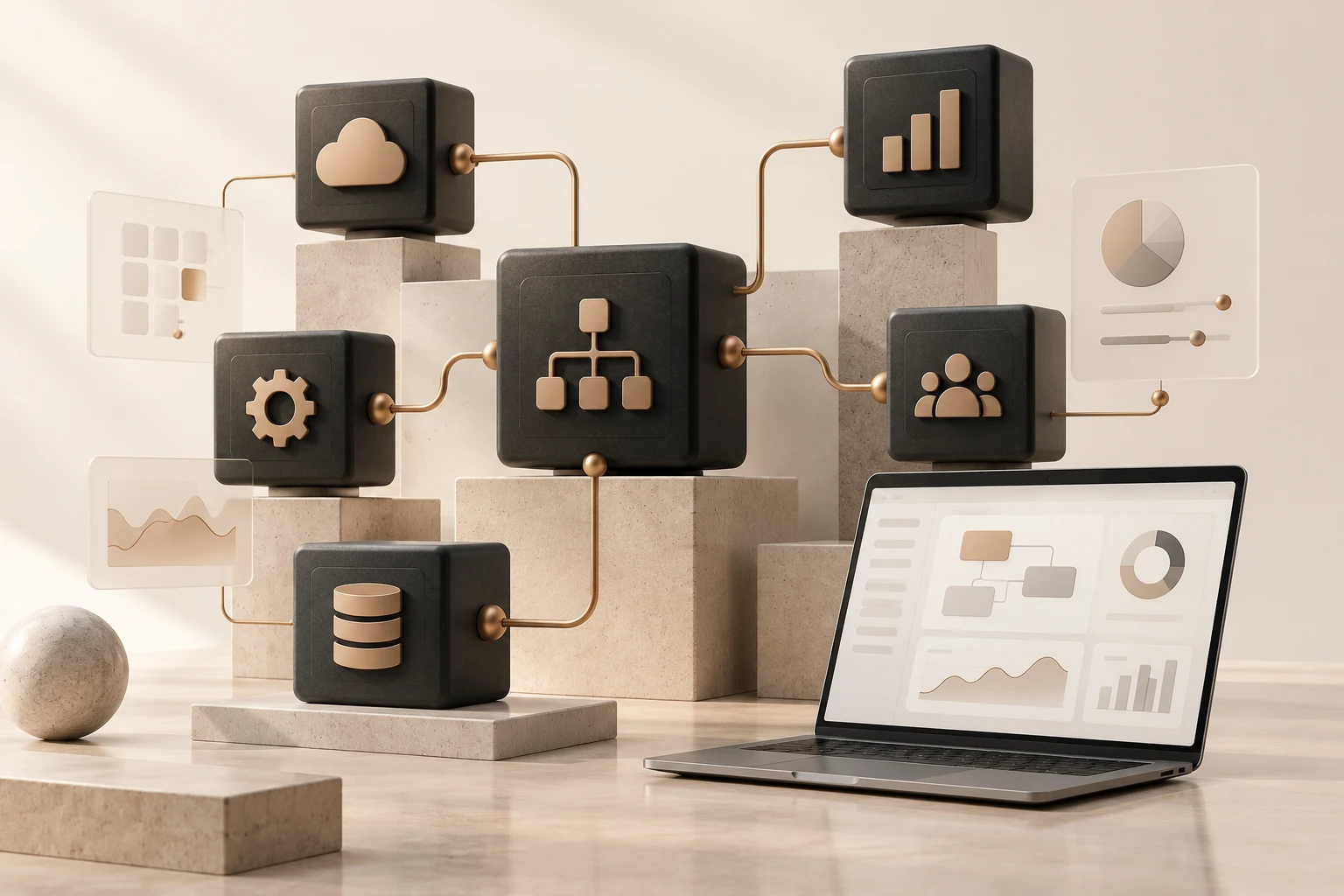 Conceptual illustration of connected software modules beside a laptop