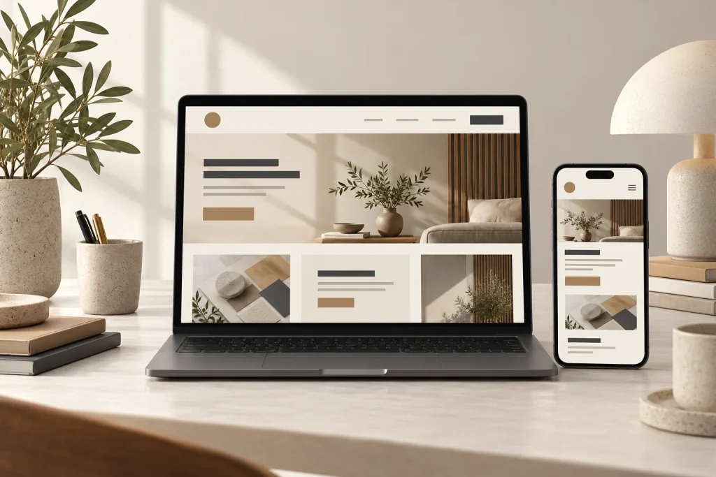 Conceptual website design displayed across a laptop and phone in a neutral studio