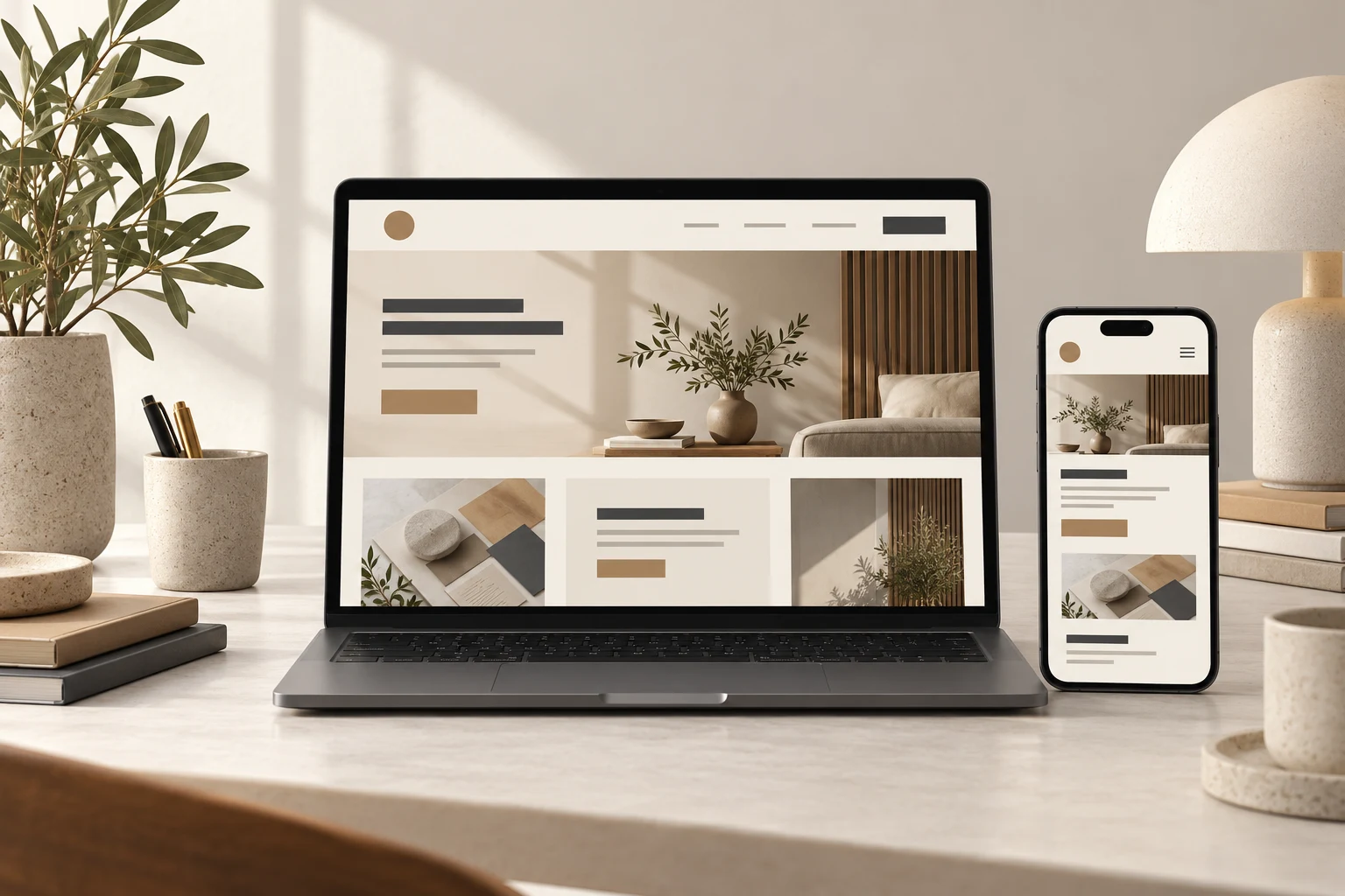 Conceptual website design displayed across a laptop and phone in a neutral studio