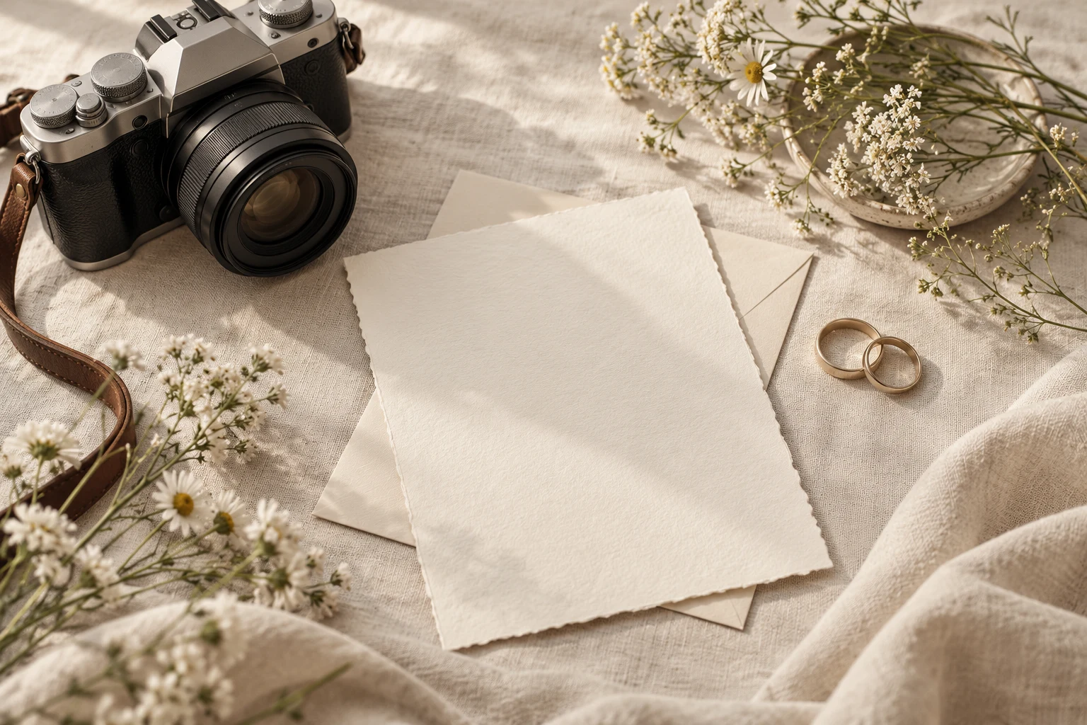 Editorial illustration of a camera, wedding rings, blank stationery and wildflowers