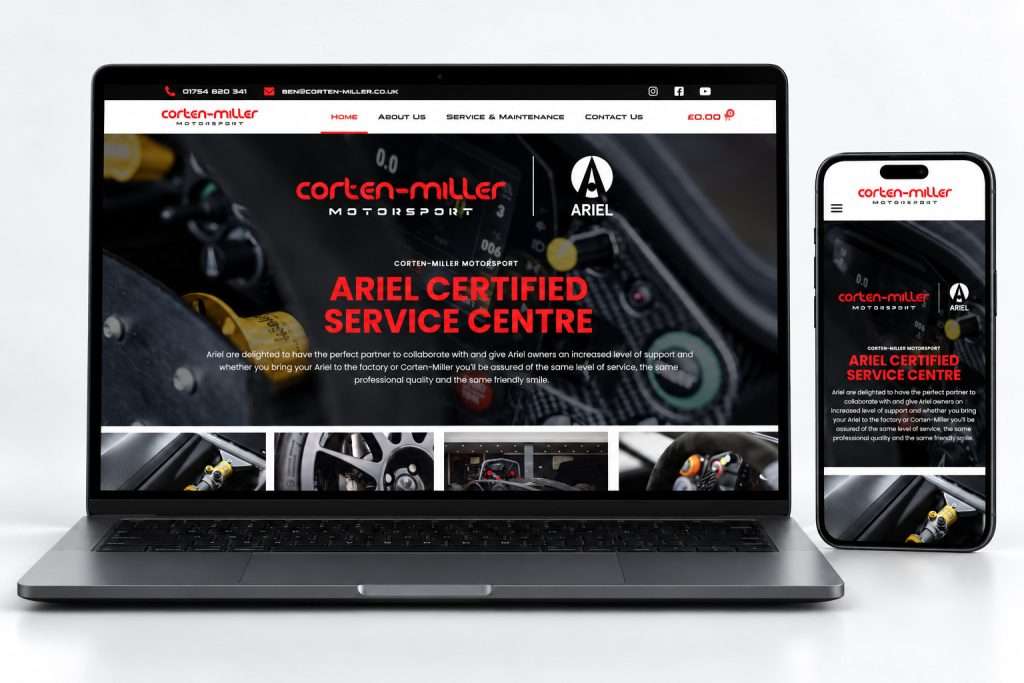 Corten-Miller Motorsport responsive website with complete desktop navigation and hero, view 1