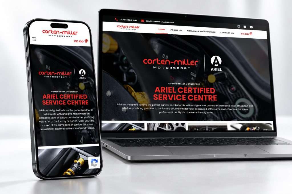 Corten-Miller Motorsport responsive website with complete desktop navigation and hero, view 2