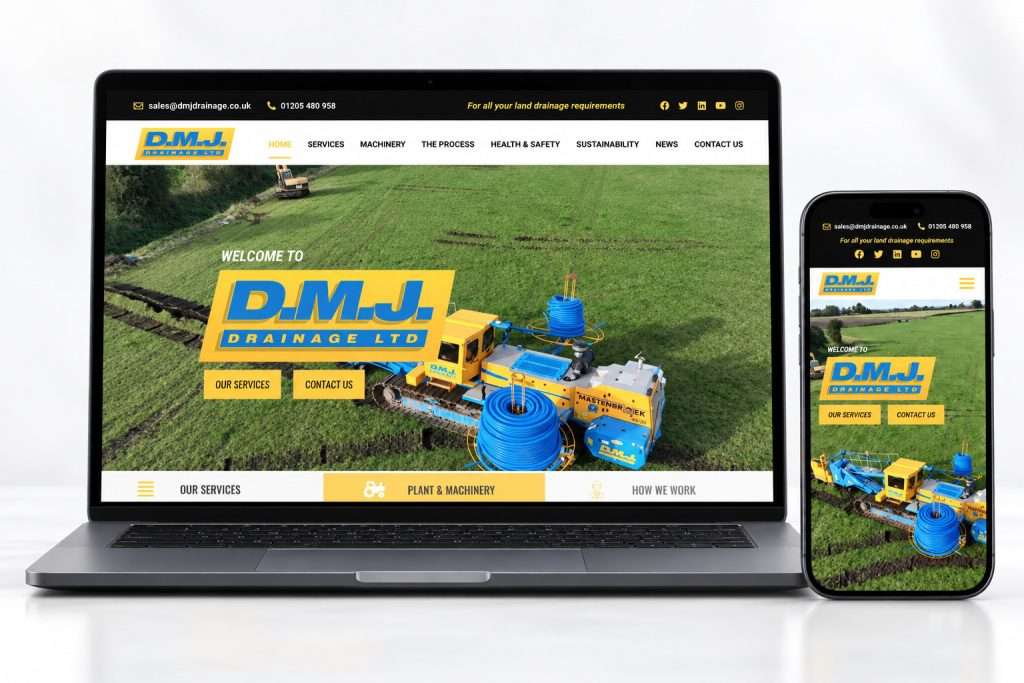 DMJ Drainage responsive website with complete desktop hero, view 1