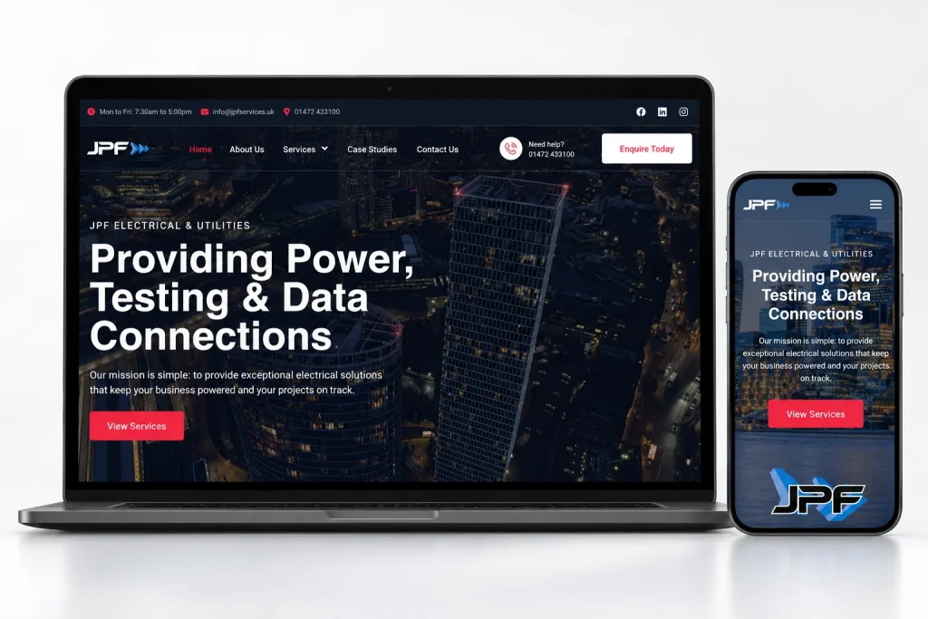 JPF Services website homepage on laptop and mobile devices, composition 1