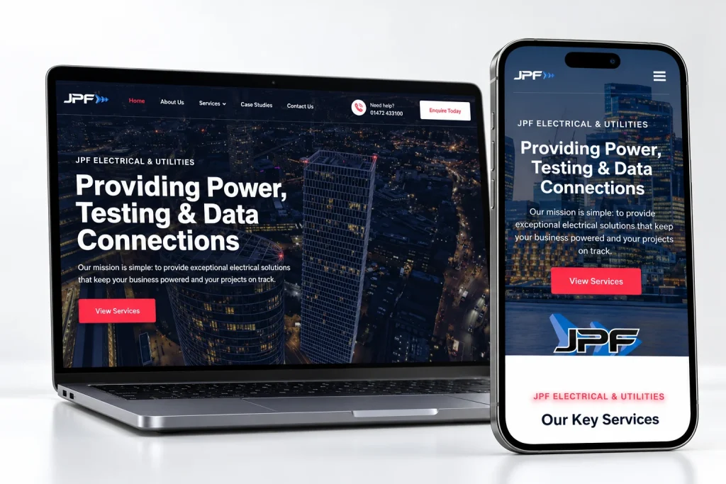 JPF Services website homepage on laptop and mobile devices, composition 3