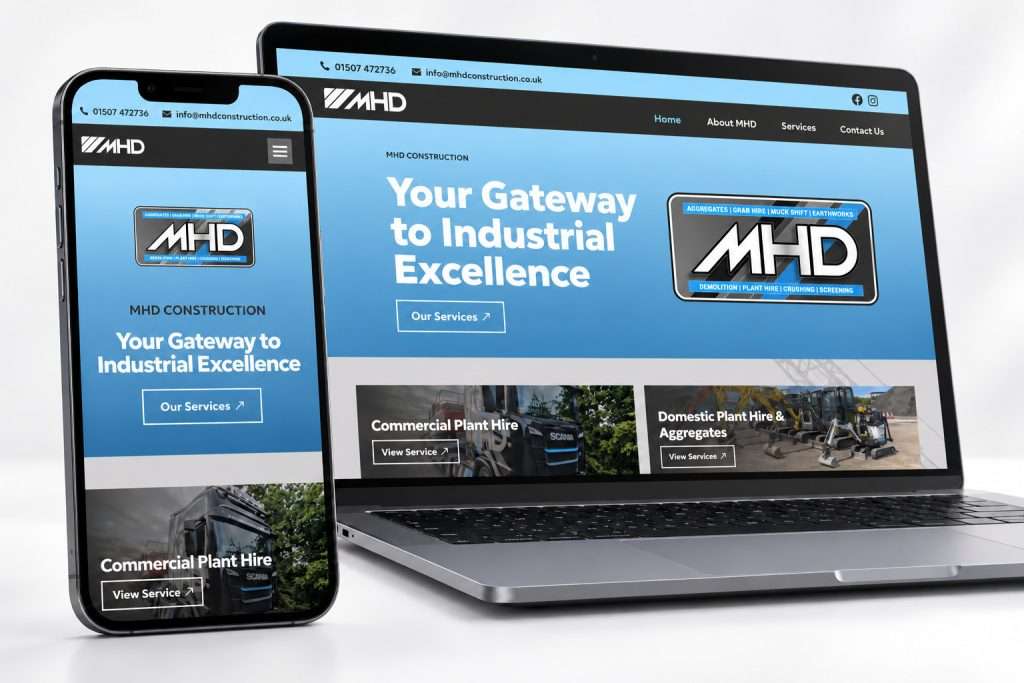 MHD Construction website displayed on desktop and mobile devices, alternative view