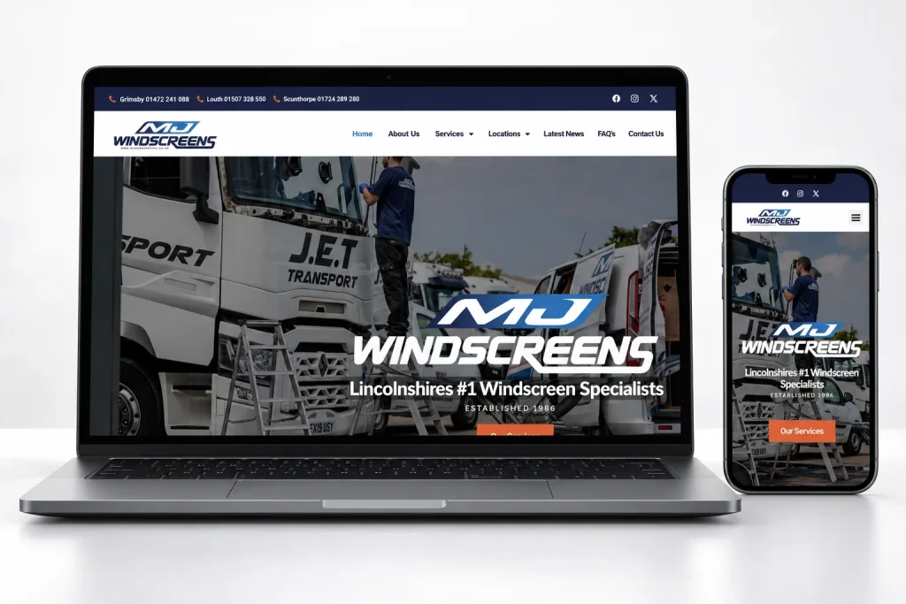 MJ Windscreens website homepage on laptop and mobile devices, composition 1