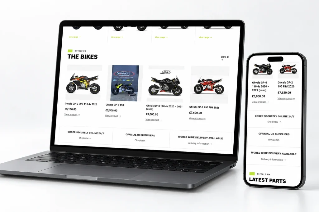 Ohvale UK website detail page on laptop and mobile devices, composition 2