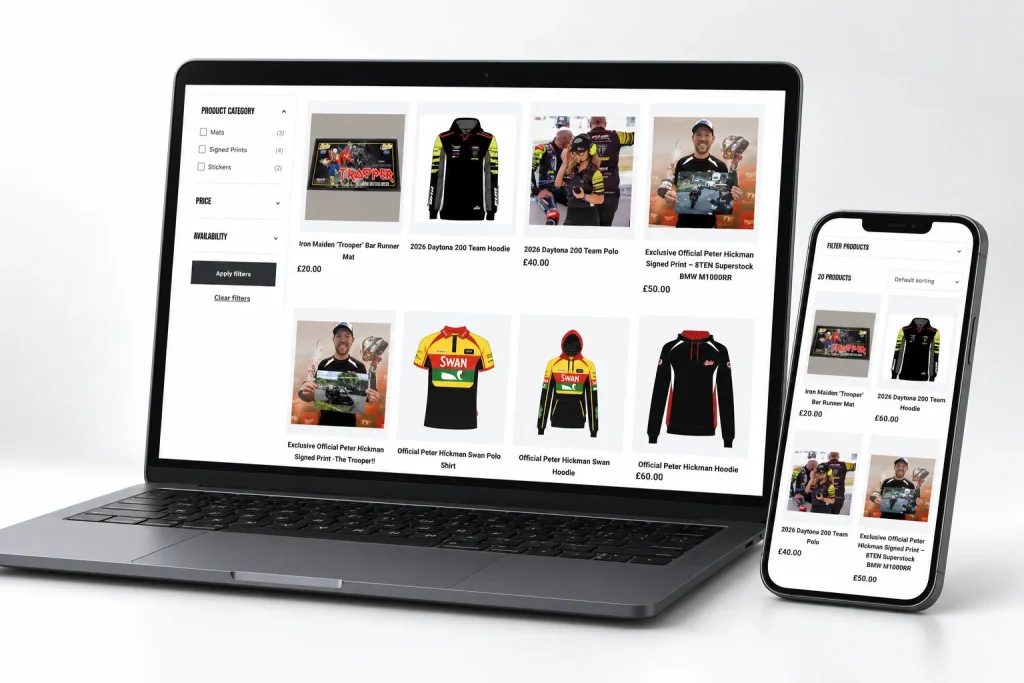 Peter Hickman website merchandise page on laptop and mobile