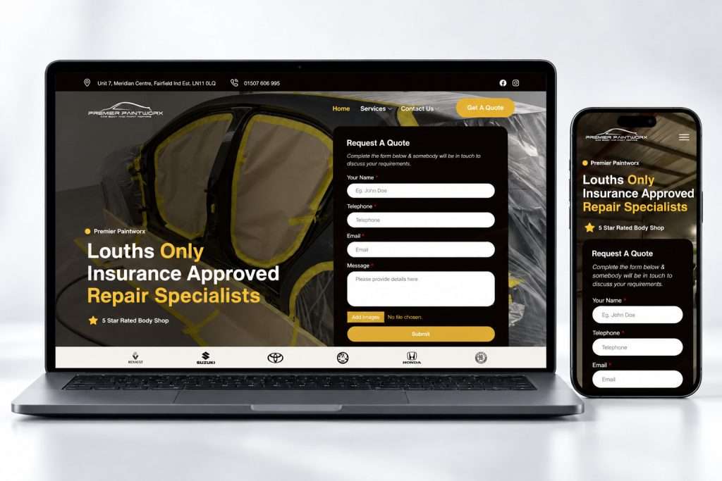 Premier Paintworx website showing the complete headline and quote form, view 1
