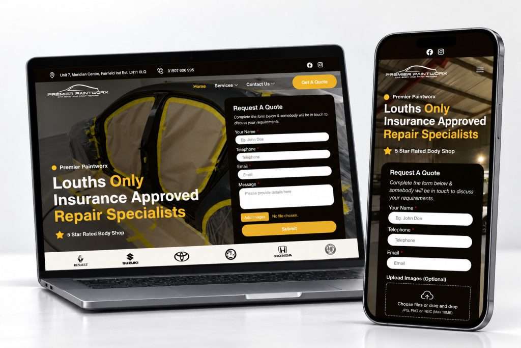 Premier Paintworx website showing the complete headline and quote form, view 2