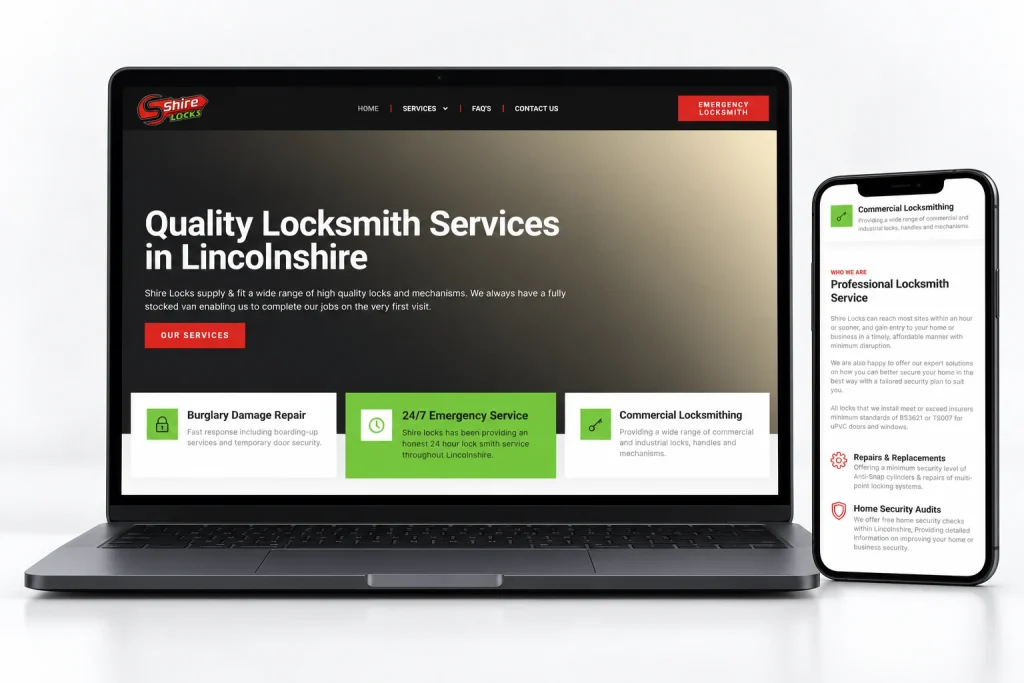 Shire Locks website homepage on laptop and mobile devices, composition 1
