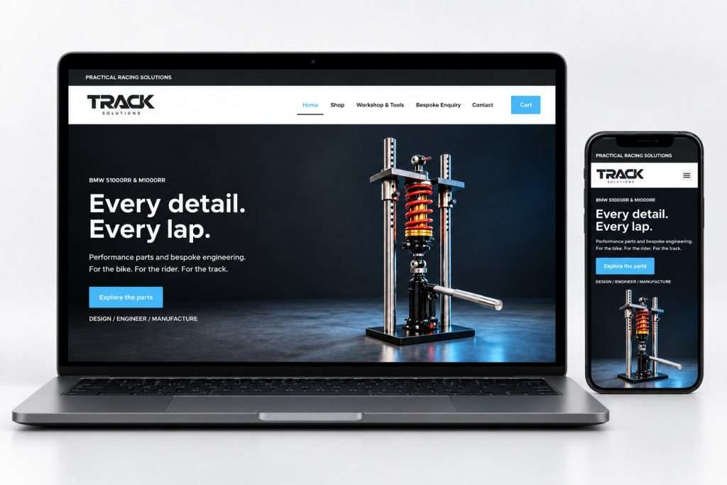 Track Solutions website with complete Every detail Every lap homepage on laptop and smartphone
