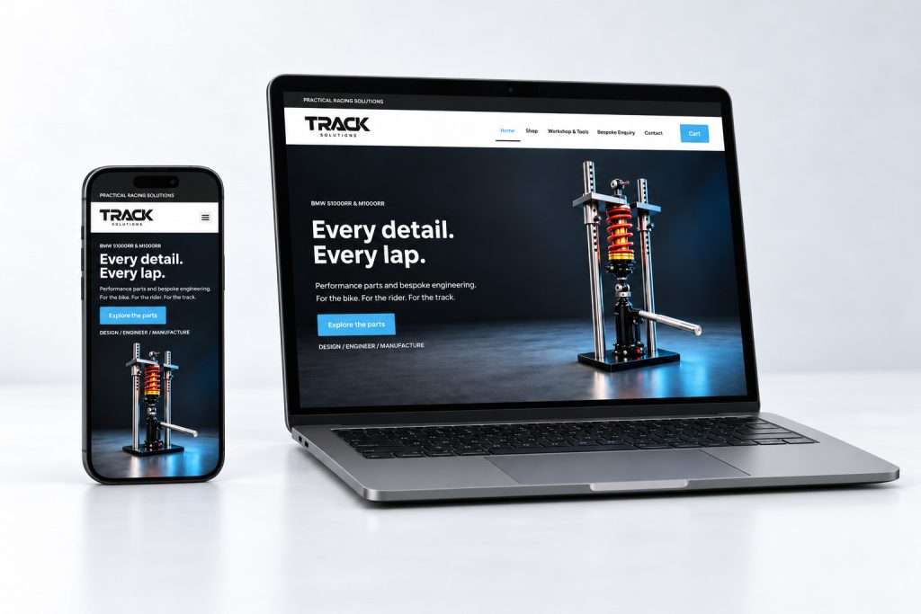 Track Solutions website with full desktop and mobile hero shown on an angled laptop and smartphone