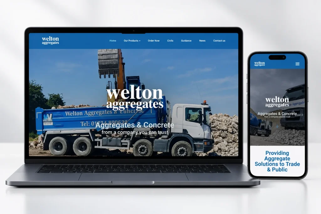 Welton Aggregates website homepage on laptop and mobile devices, composition 1