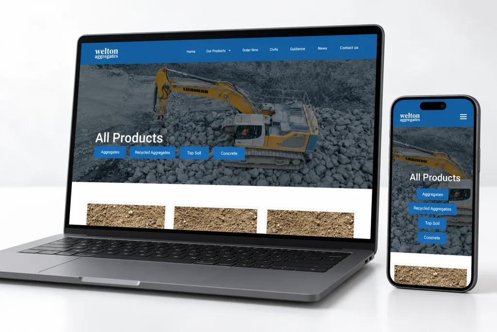 Welton Aggregates website detail page on laptop and mobile devices, composition 2